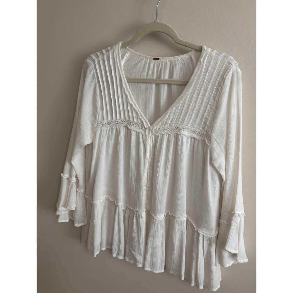 Free People White Gauze Pintuck Lace Trim Ruffle Bell Sleeve Blouse Medium